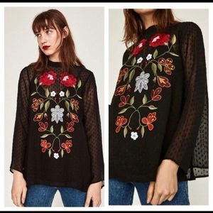 Zara Blouse Black Sheer Embroidered Floral Small Long Sleeves